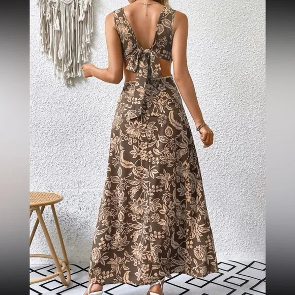 Boho Floral Print Cut Out Waist Back Tie Bow Dress - Picture 5 of 12